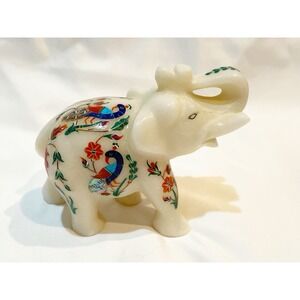 Hand Carved Marble Inlay Elephant with Semi Precious Stone Upward Trunk Peacock